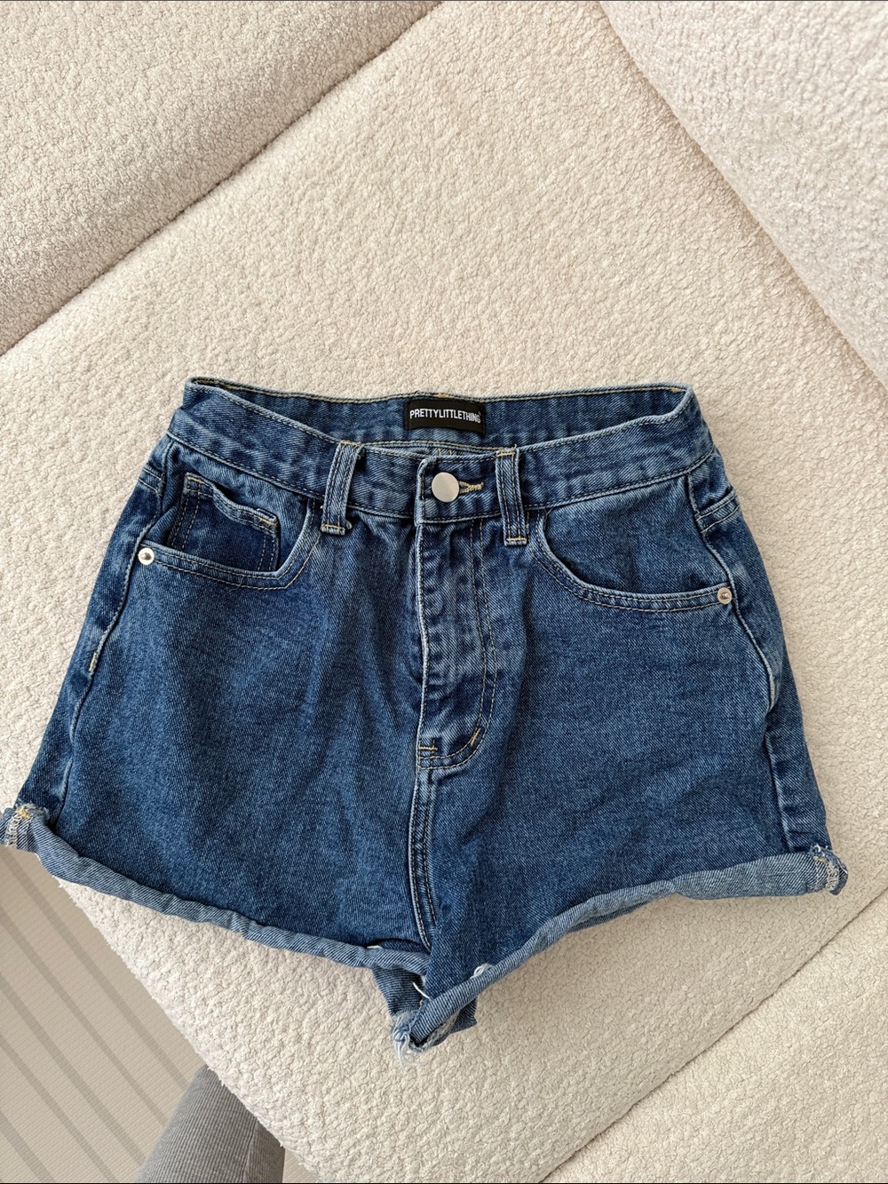 PrettyLittleThing Dark Blue High-Rise Rolled Hem Denim Shorts